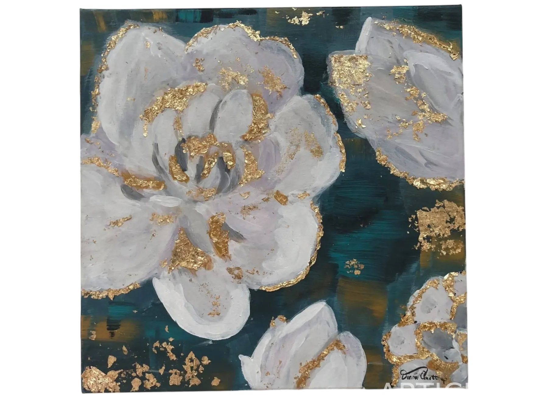 A vivid painting of white flowers and golden reflections on water