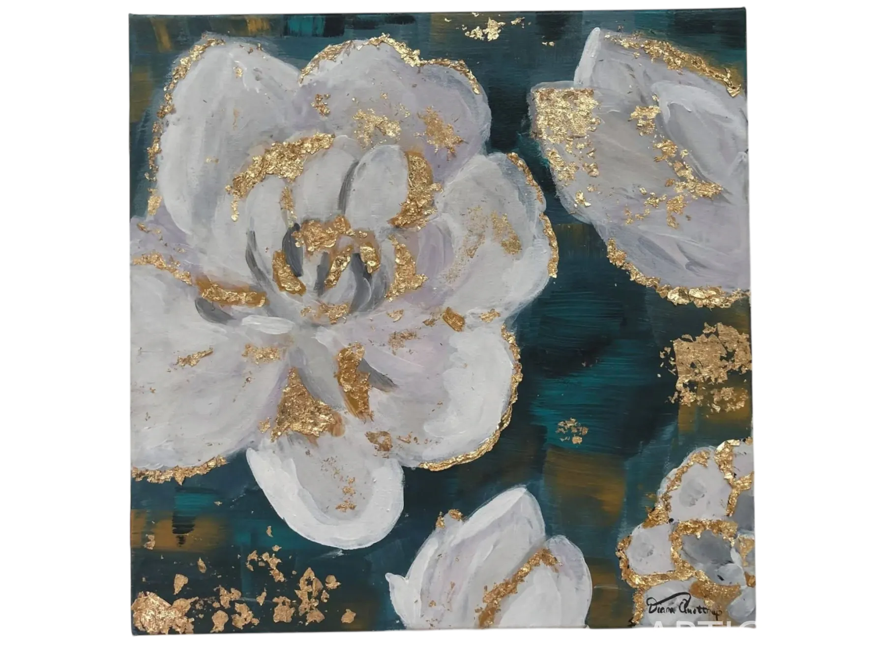 A vivid painting of white flowers and golden reflections on water