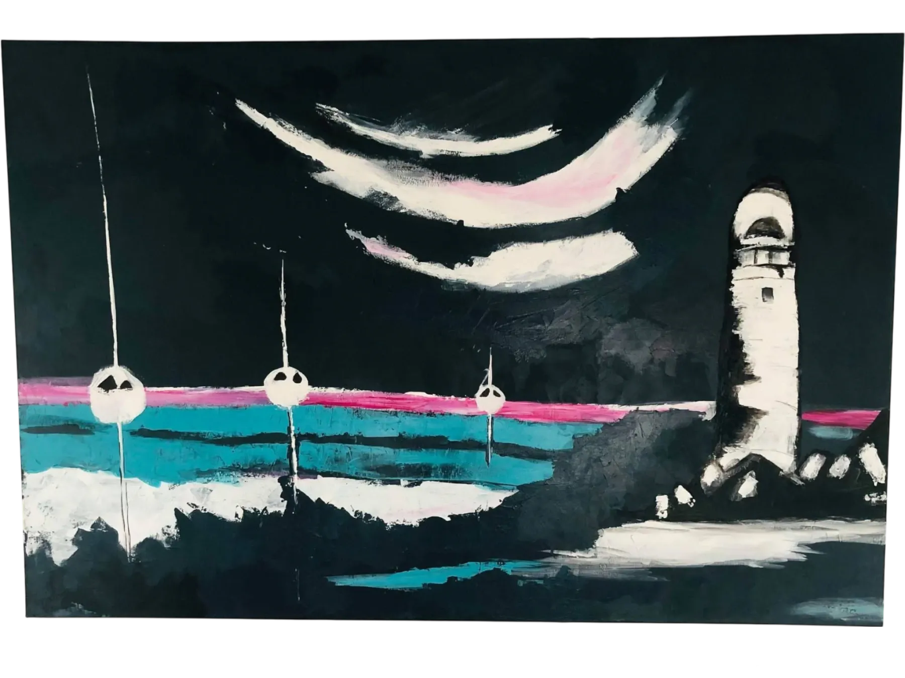 A dark seaside painting made with palette knife techniques