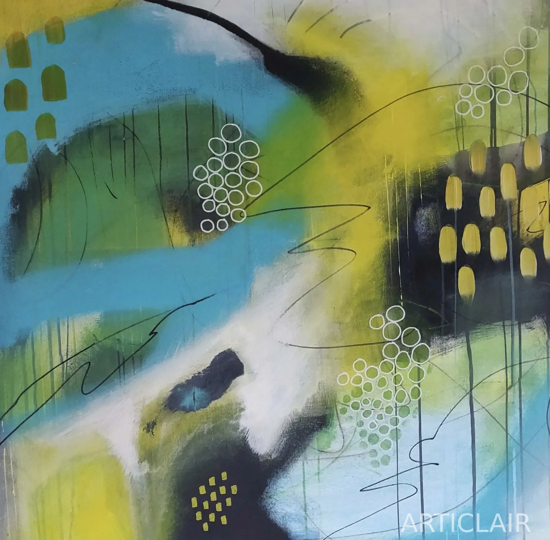 A vibrant abstract painting in turquoise, yellow-green, and black with circles and gestural lines