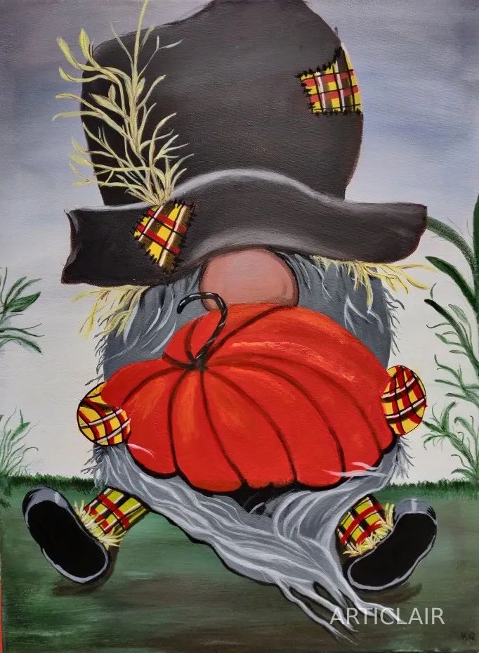 A whimsical gnome with a wide plaid hat holding a large orange pumpkin among autumn grasses