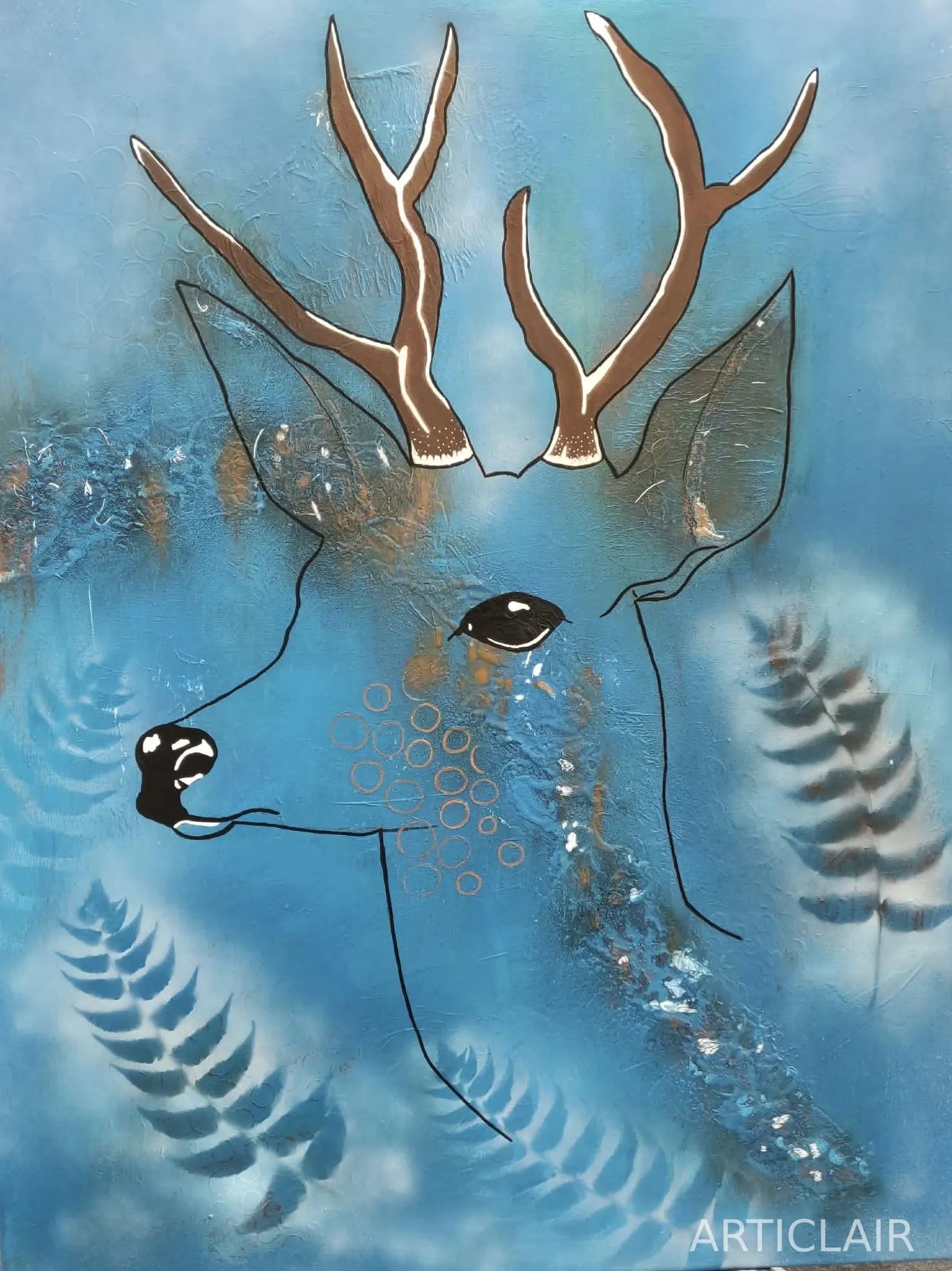 A deer with copper antlers painted in blue tones against a teal background with fern silhouettes