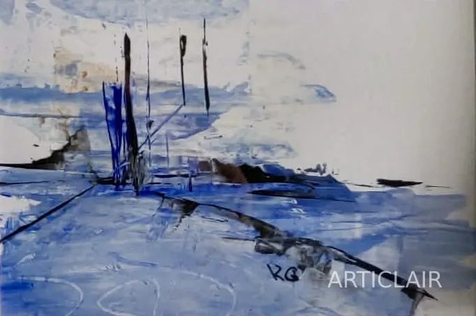 An abstract blue painting with vertical boat masts reflected in calm harbour water