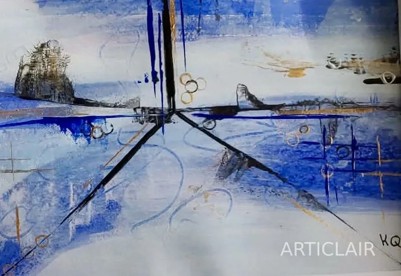 An abstract blue painting with bold diagonal lines crossing a winter landscape with distant trees and gold rings