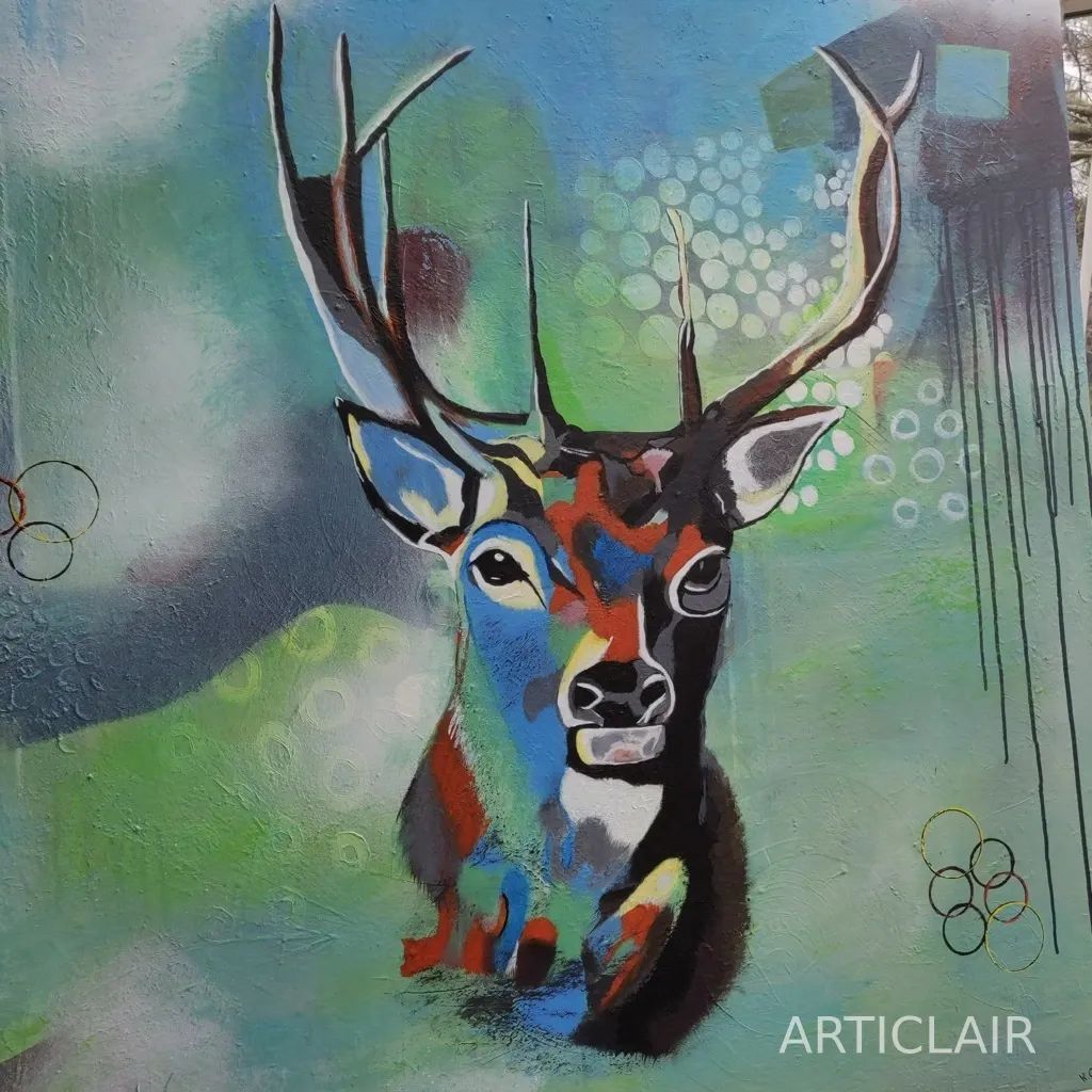 A deer portrait with multicoloured patchwork face against a green abstract background