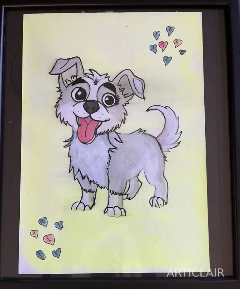 A cartoon-style fluffy grey dog with a big smile and colourful hearts on a yellow background, framed in black