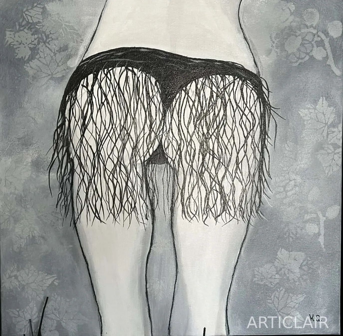 A female figure seen from behind wearing a black fringed garment, monochrome with a floral patterned background