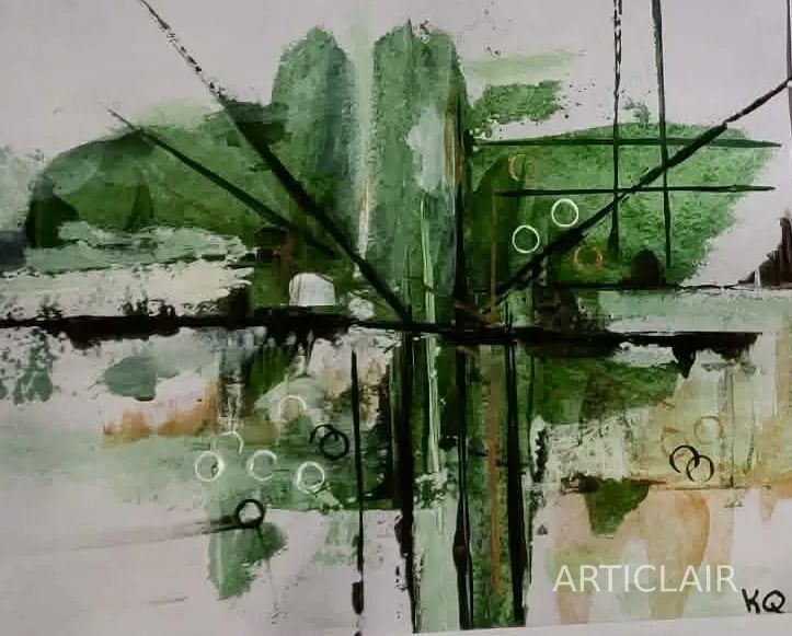 An abstract green painting with grid lines, black cross marks, and scattered circles on a white ground