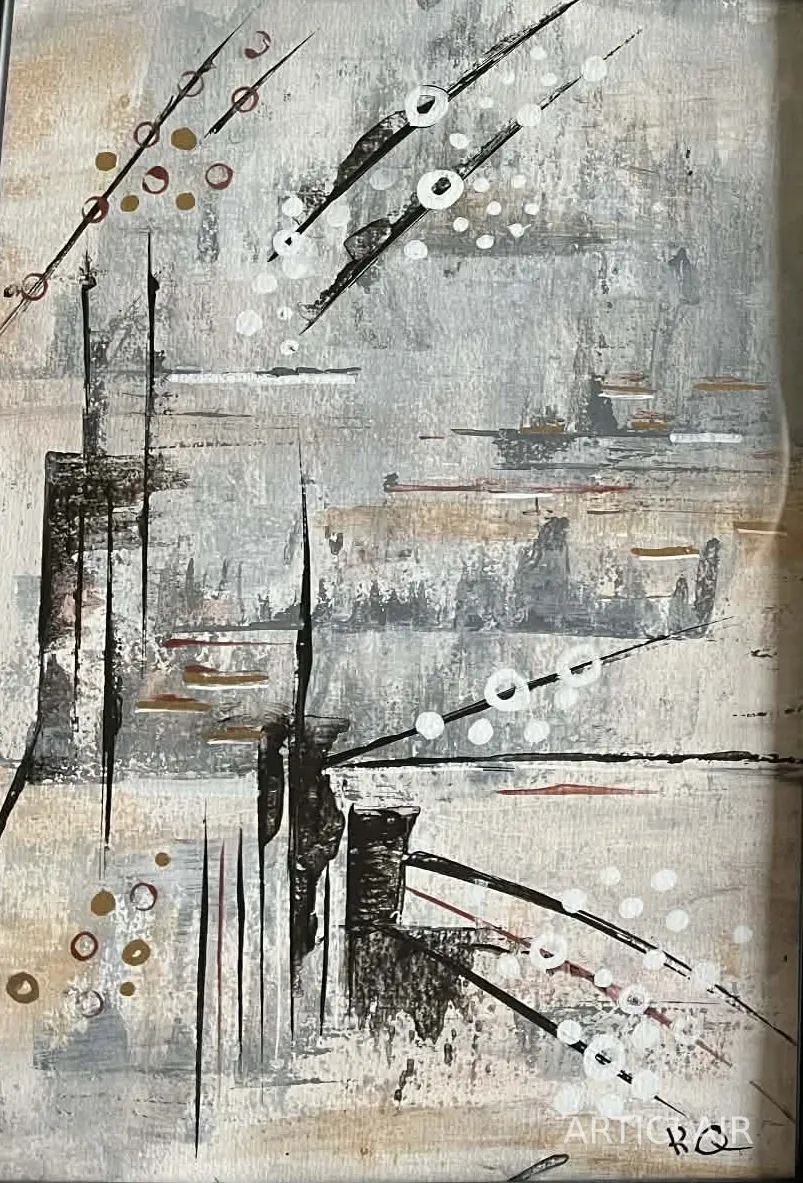 An abstract mixed media painting in grey tones with vertical lines, circles, and diagonal marks