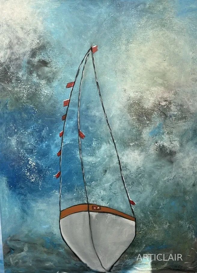 A single sailboat seen from the bow against a stormy blue-grey sea and sky