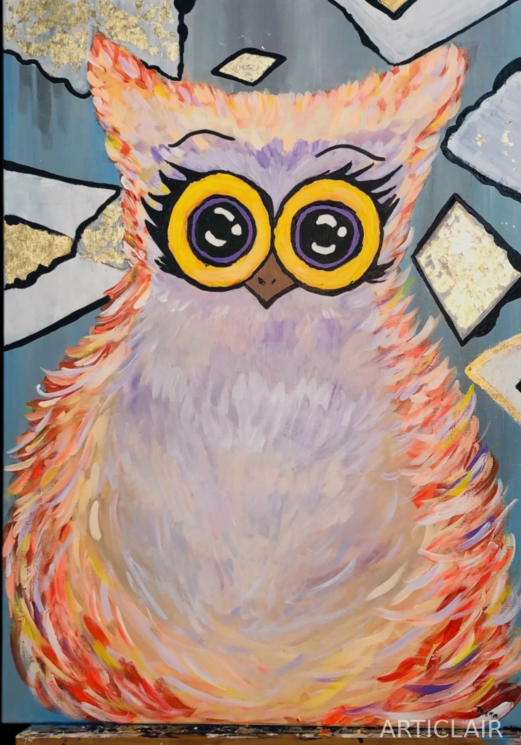 An owl painted in fiery bright colors