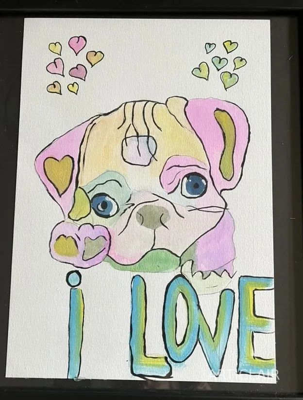 A pastel-coloured pug puppy with big blue eyes and hearts, above the text "i LOVE"