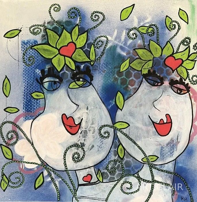 Two stylised female faces with green leaves and red hearts growing from their heads, facing each other