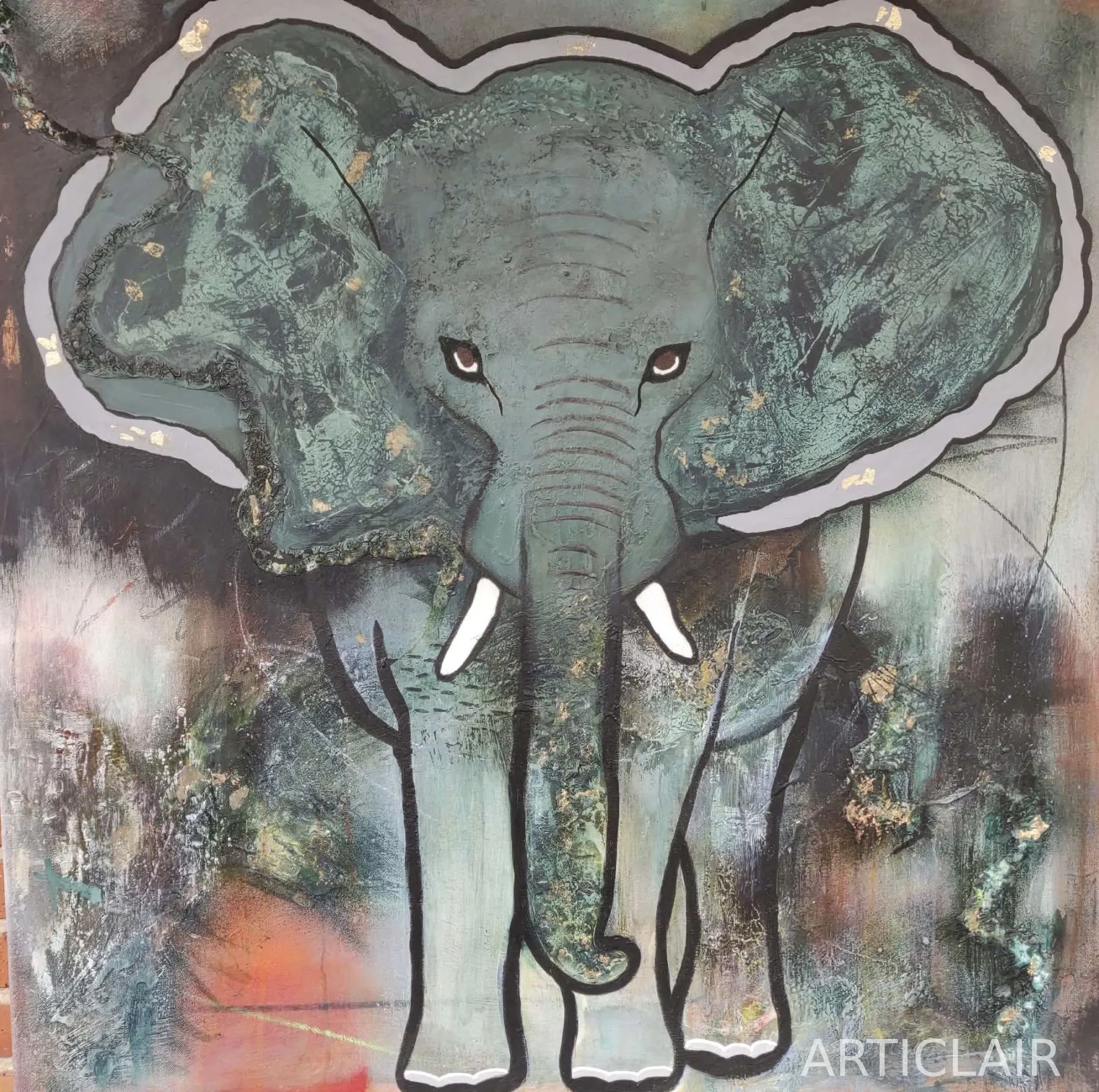 A large elephant painted in green-grey tones with gold accents, outlined against a textured dark background