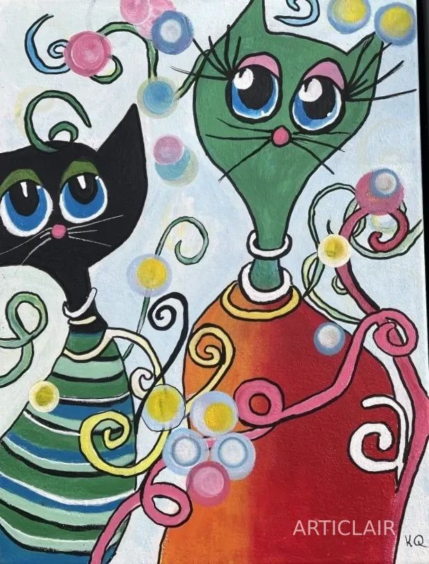 Two whimsical cats — one black, one green — painted with swirling lines and colourful dots