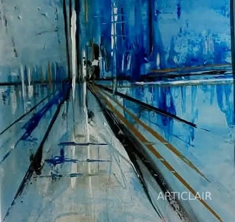 An abstract blue painting of railway tracks or a corridor receding into a city in blue and gold tones