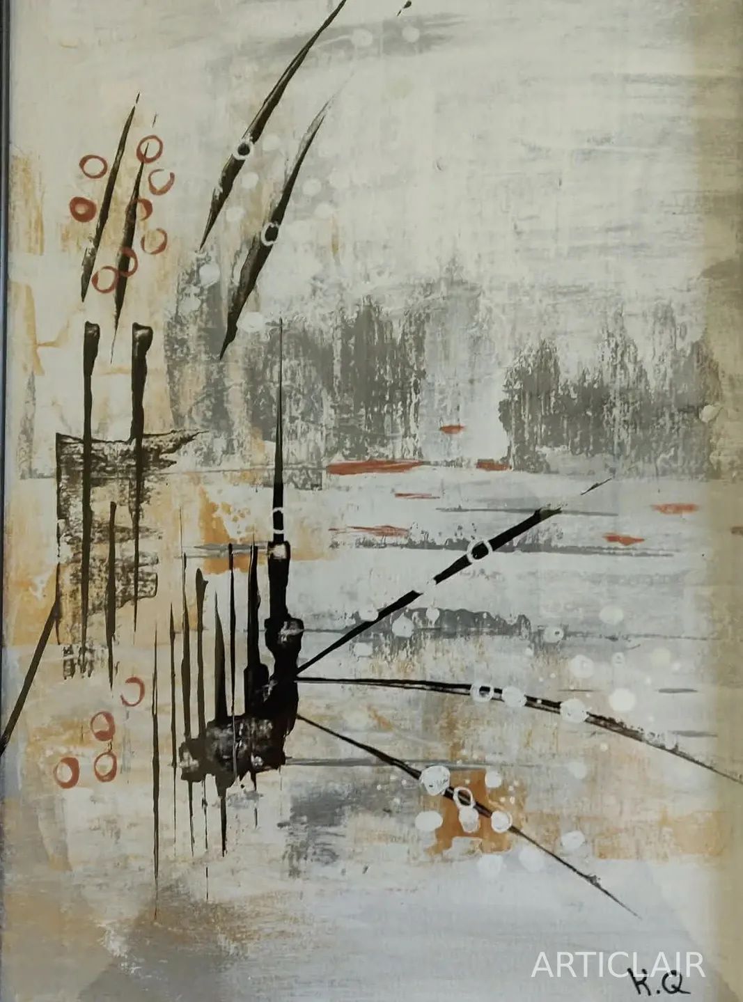 An abstract mixed media painting in warm beige and grey with vertical lines, circles, and subtle rust marks