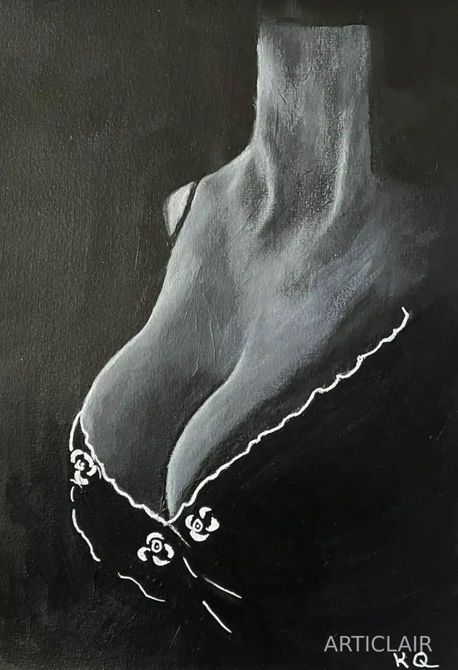 A monochrome painting of a female bust with a Chanel-style floral collar against a black background
