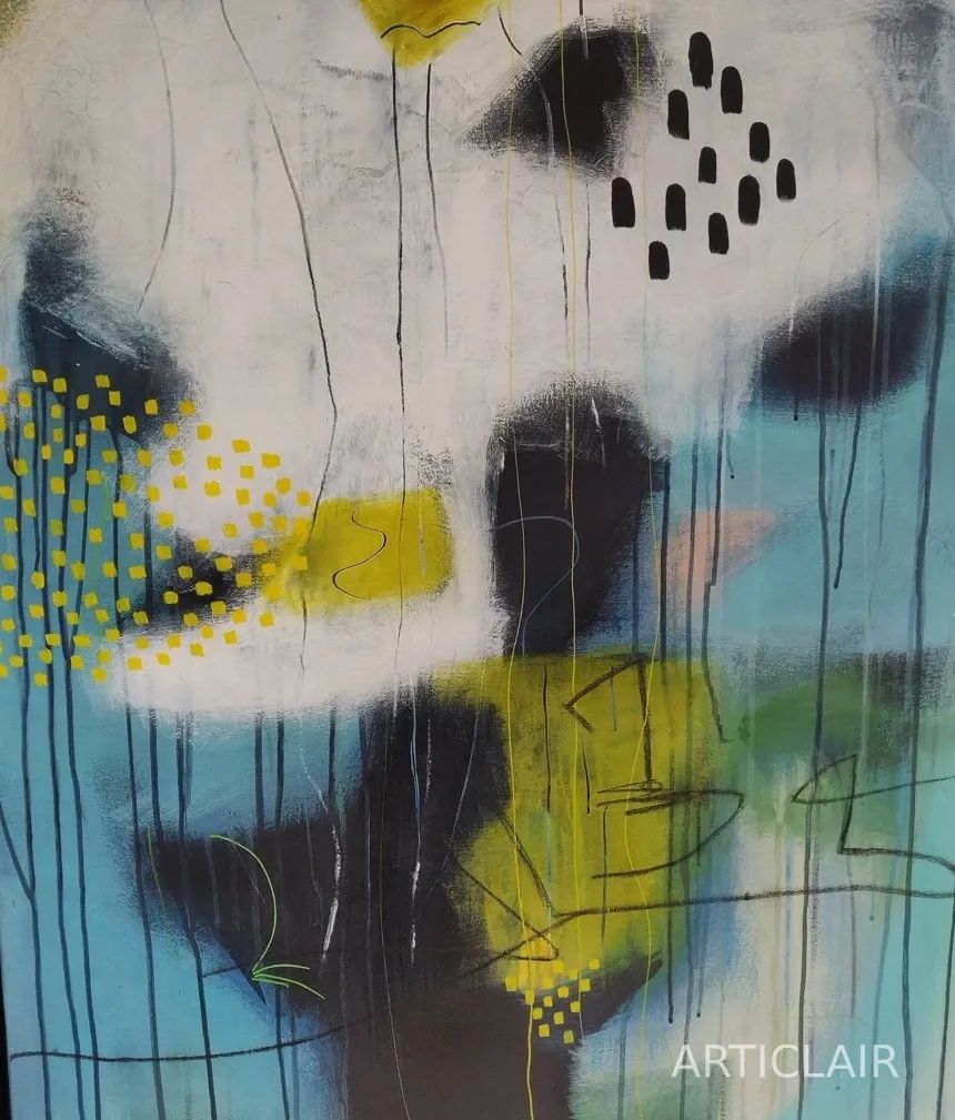 A large abstract painting in blue, black, and yellow with dripping vertical lines and dot patterns
