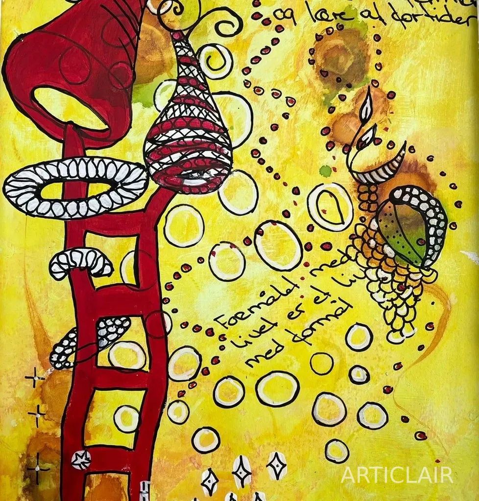 Mixed media journal page with a yellow background, red ladder, circular patterns, and handwritten Danish text