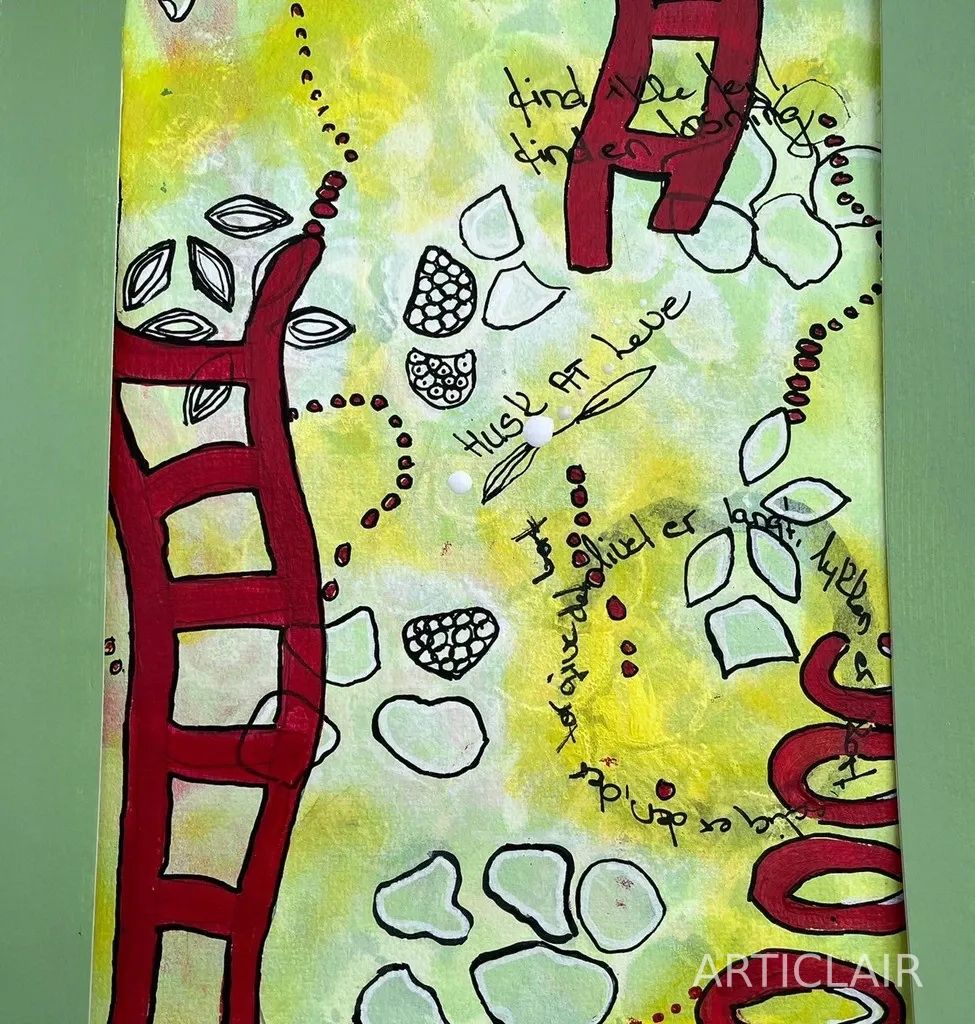 Mixed media journal page with a yellow background, red ladder, leaf and pebble motifs, and handwritten text