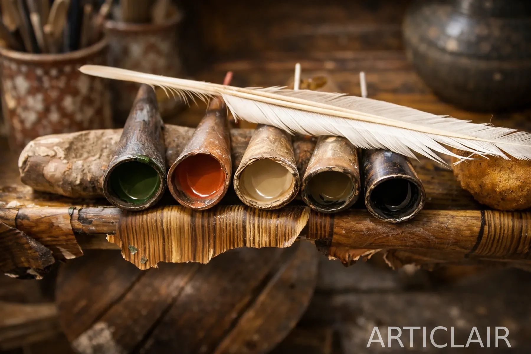 A feather and pigment tools arranged on a worn wooden workbench