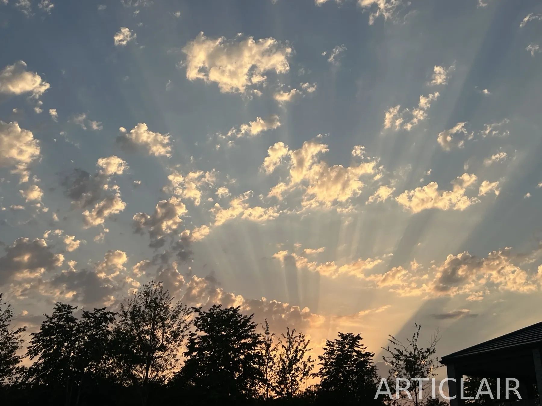 Sun rays breaking through clouds above the evening tree line