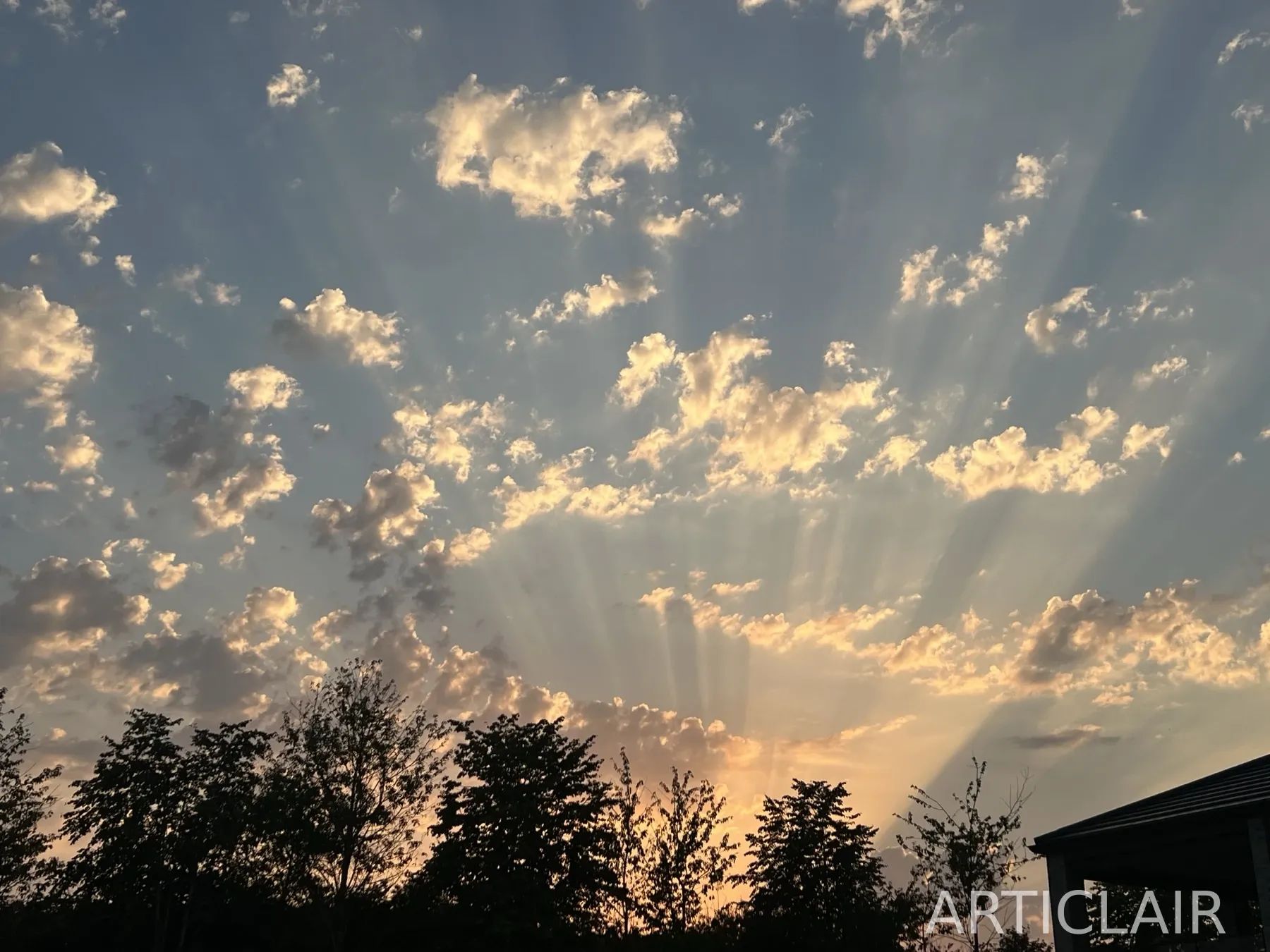 Sun rays breaking through clouds above the evening tree line